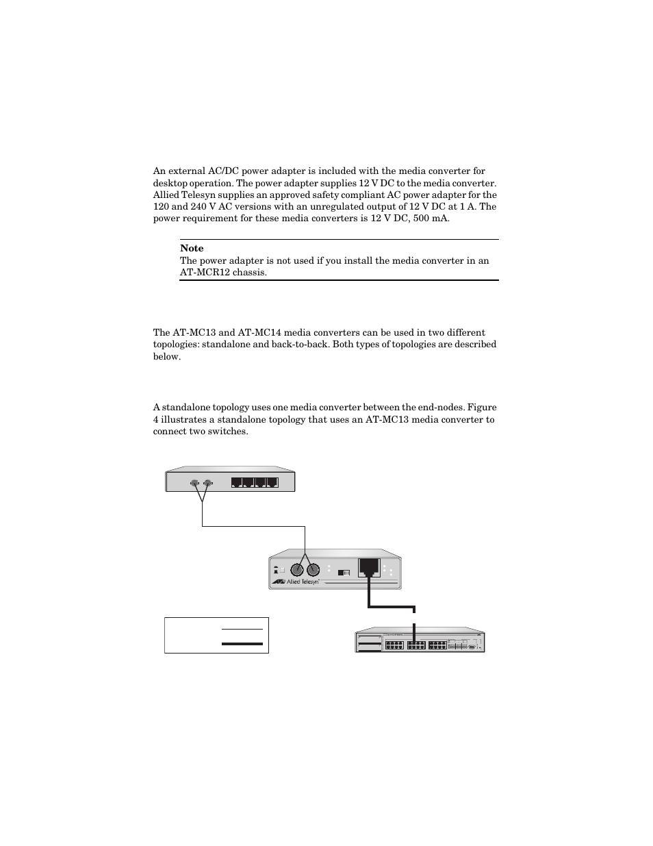 External ac/dc power adapter, Network topologies, Standalone topology | External ac/dc power adapter network topologies | Allied Telesis AT-MC14 User Manual | Page 16 / 44