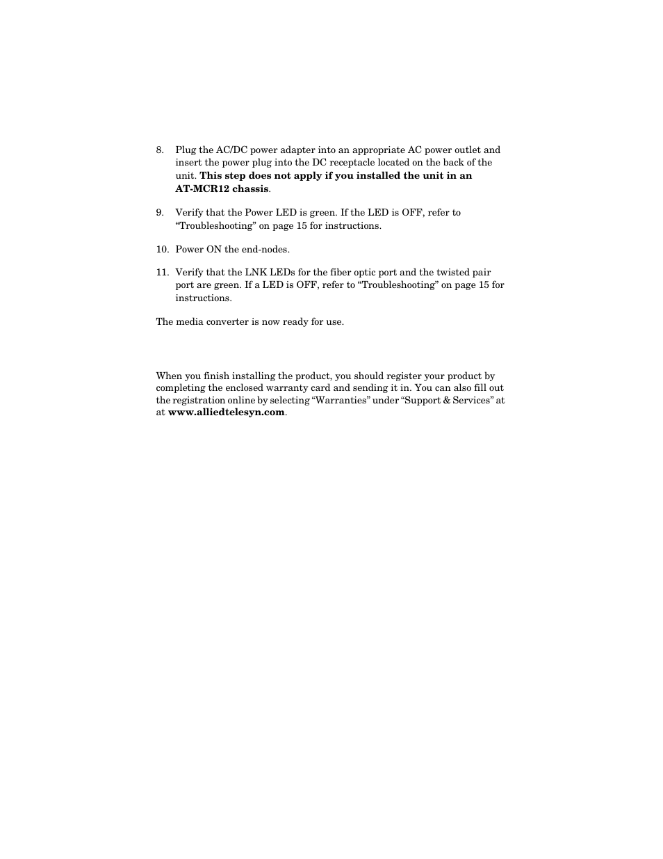 Warranty registration | Allied Telesis AT-MC14 User Manual | Page 23 / 44