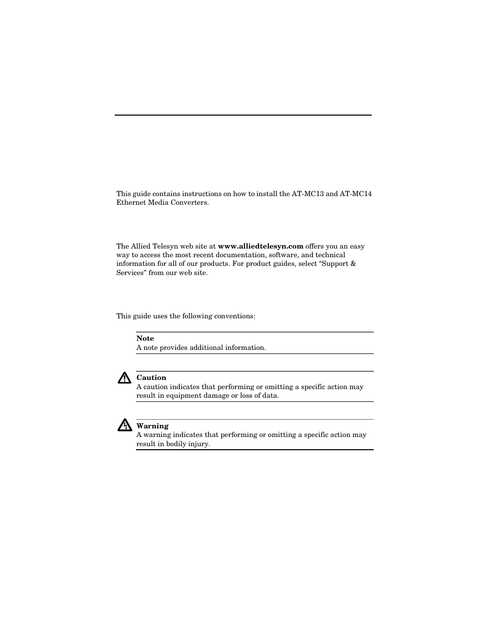 Welcome to allied telesyn, Where to find web-based guides, Document conventions | Allied Telesis AT-MC14 User Manual | Page 7 / 44