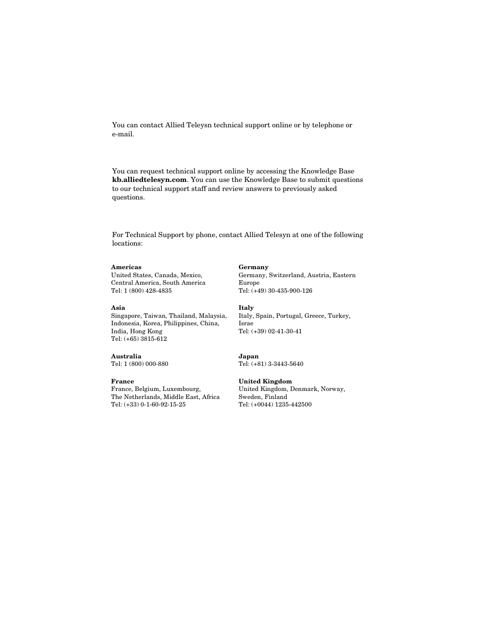 Contacting allied telesyn technical support, Online support, Telephone support | Allied Telesis AT-MC14 User Manual | Page 8 / 44