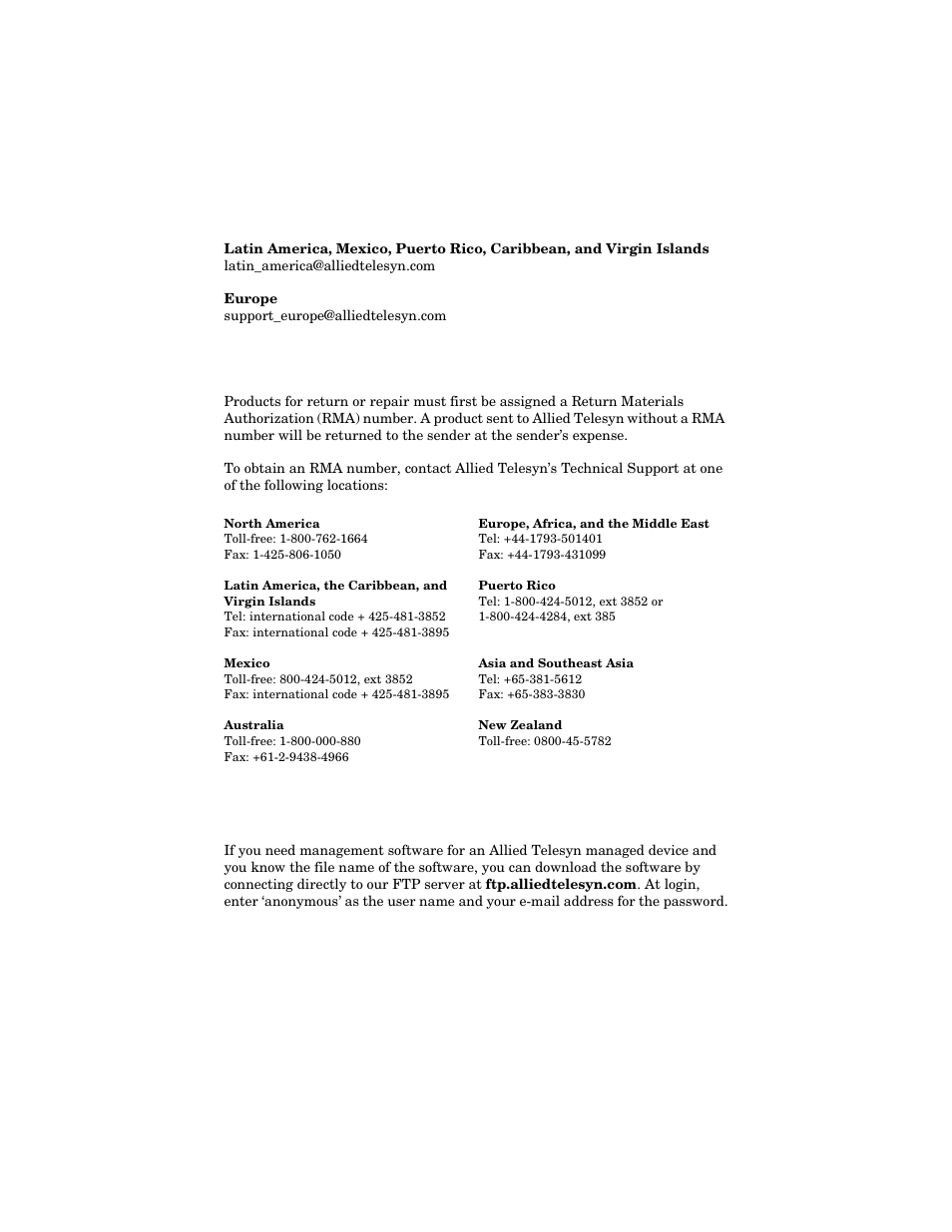 E-mail support, Returning products, Ftp server | Allied Telesis AT-MC14 User Manual | Page 9 / 44