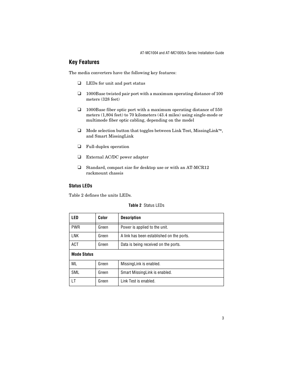 Key features, Status leds | Allied Telesis AT-MC1005/4 User Manual | Page 13 / 44