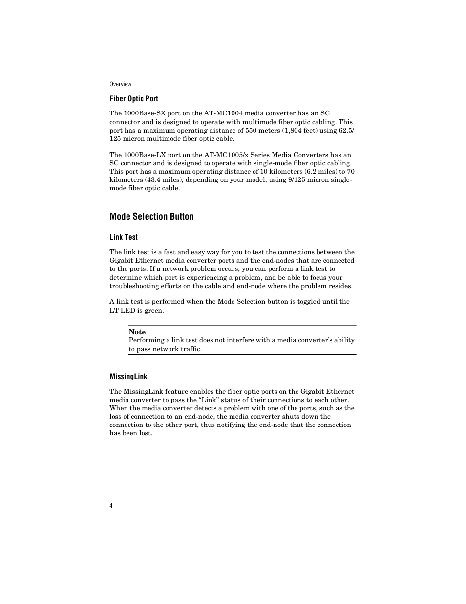Fiber optic port, Mode selection button, Link test | Missinglink | Allied Telesis AT-MC1005/4 User Manual | Page 14 / 44
