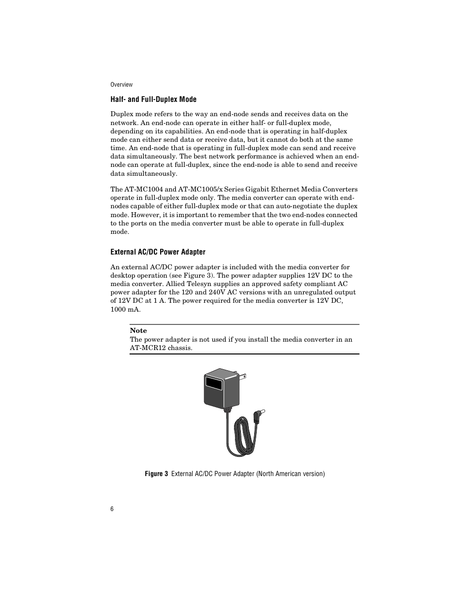 Half- and full-duplex mode, External ac/dc power adapter | Allied Telesis AT-MC1005/4 User Manual | Page 16 / 44