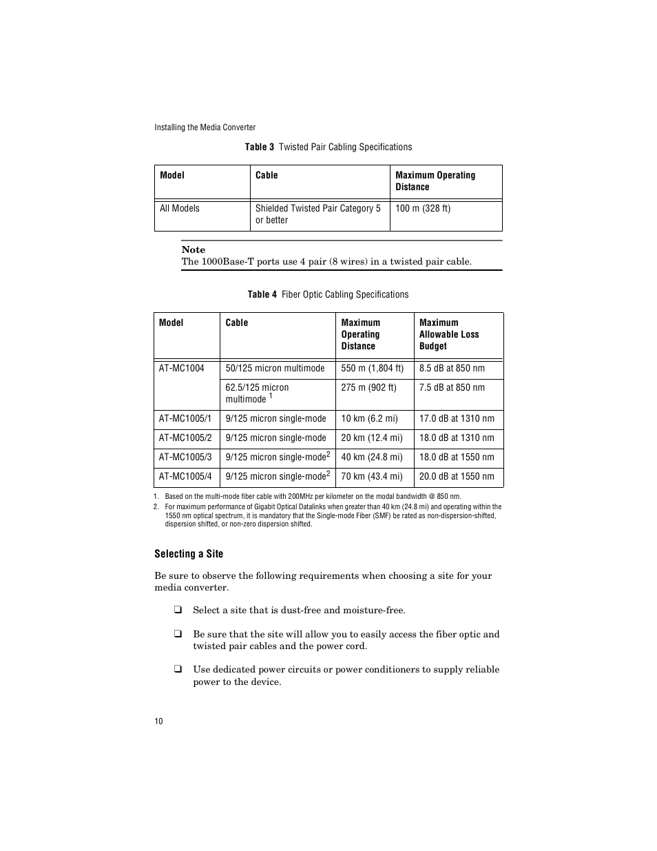 Selecting a site | Allied Telesis AT-MC1005/4 User Manual | Page 20 / 44