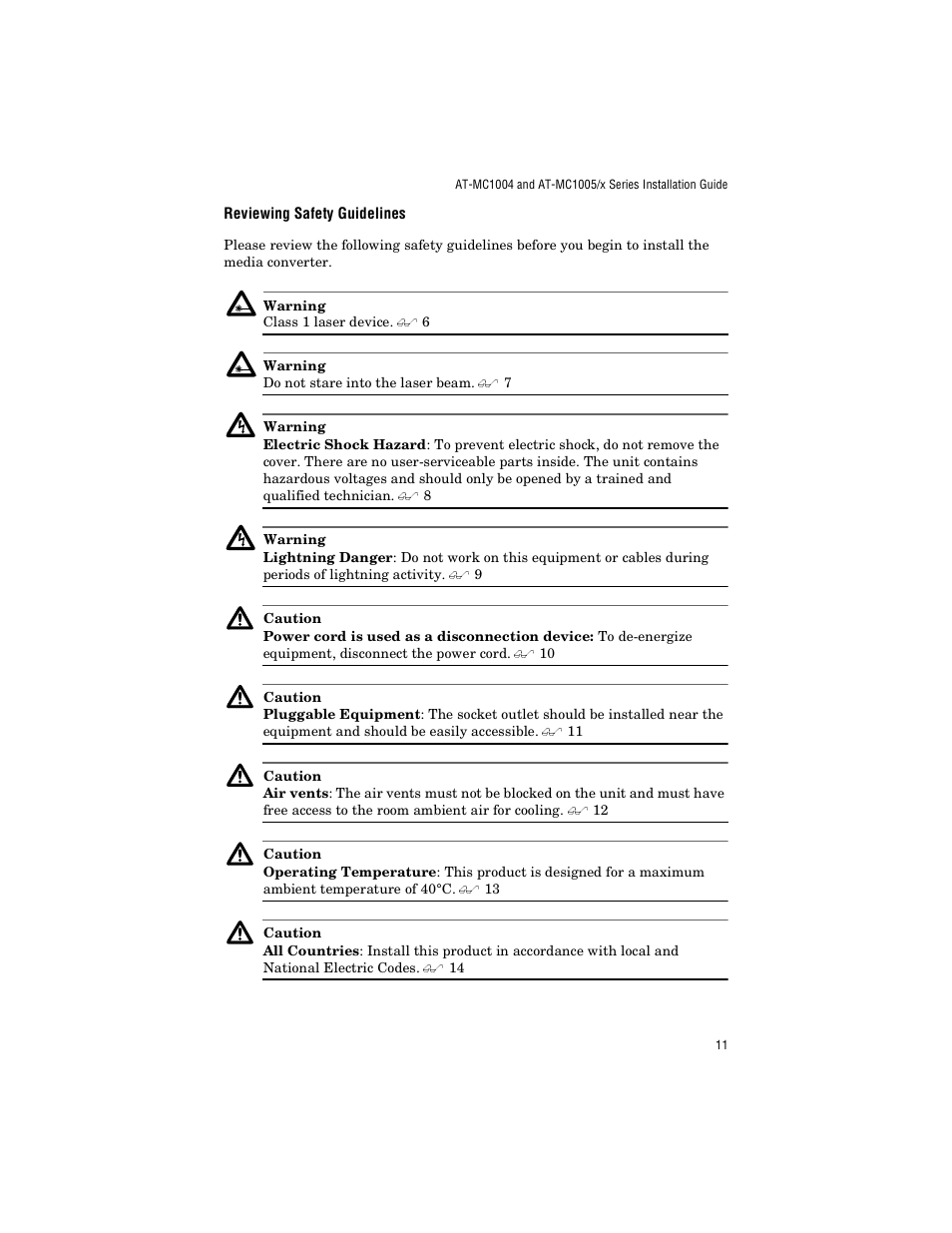Reviewing safety guidelines | Allied Telesis AT-MC1005/4 User Manual | Page 21 / 44