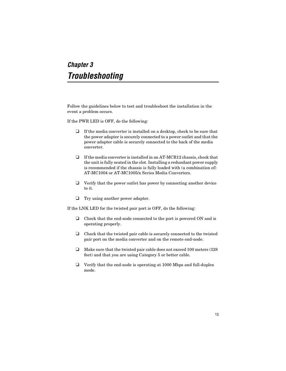 Chapter 3, Troubleshooting | Allied Telesis AT-MC1005/4 User Manual | Page 25 / 44