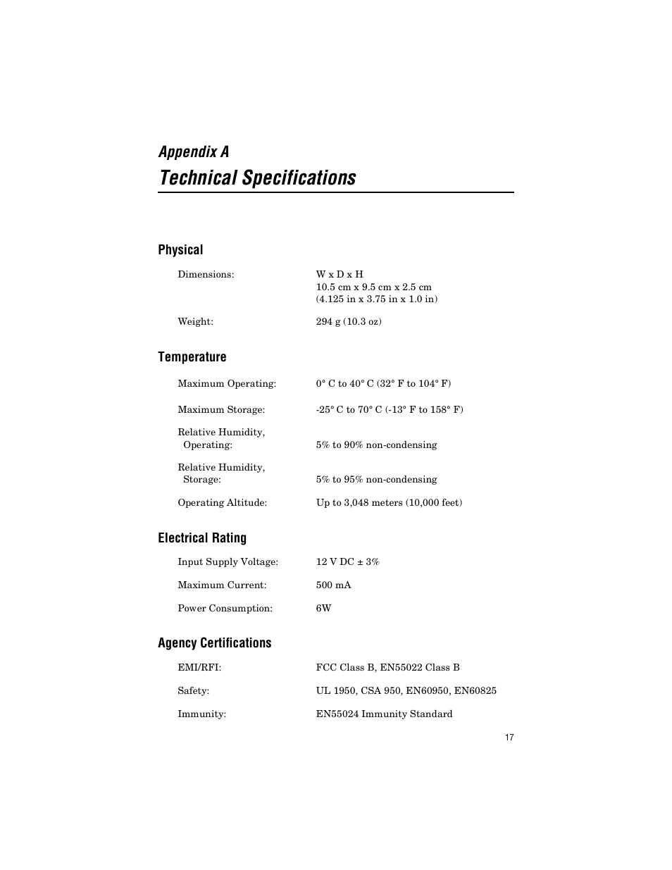 Appendix a, Technical specifications, Physical | Temperature, Electrical rating, Agency certifications | Allied Telesis AT-MC1005/4 User Manual | Page 27 / 44