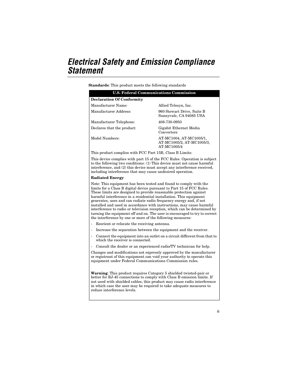 Allied Telesis AT-MC1005/4 User Manual | Page 3 / 44
