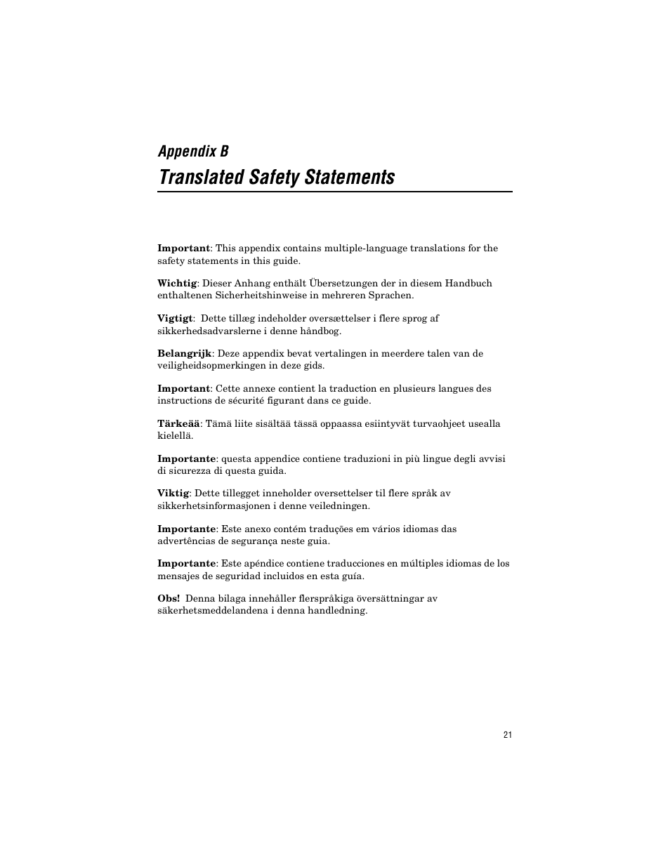 Appendix b, Translated safety statements | Allied Telesis AT-MC1005/4 User Manual | Page 31 / 44