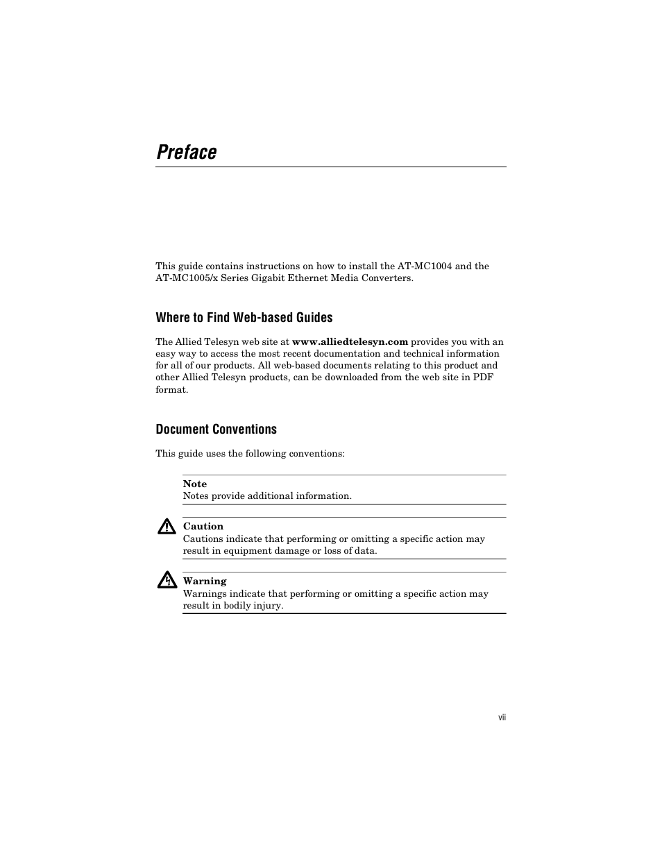 Preface, Where to find web-based guides, Document conventions | Allied Telesis AT-MC1005/4 User Manual | Page 7 / 44