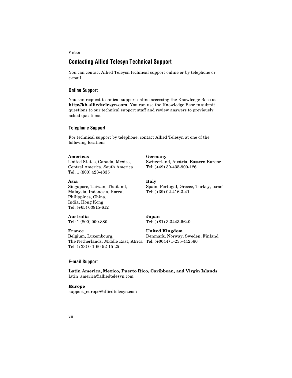 Contacting allied telesyn technical support, Online support, Telephone support | E-mail support | Allied Telesis AT-MC1005/4 User Manual | Page 8 / 44