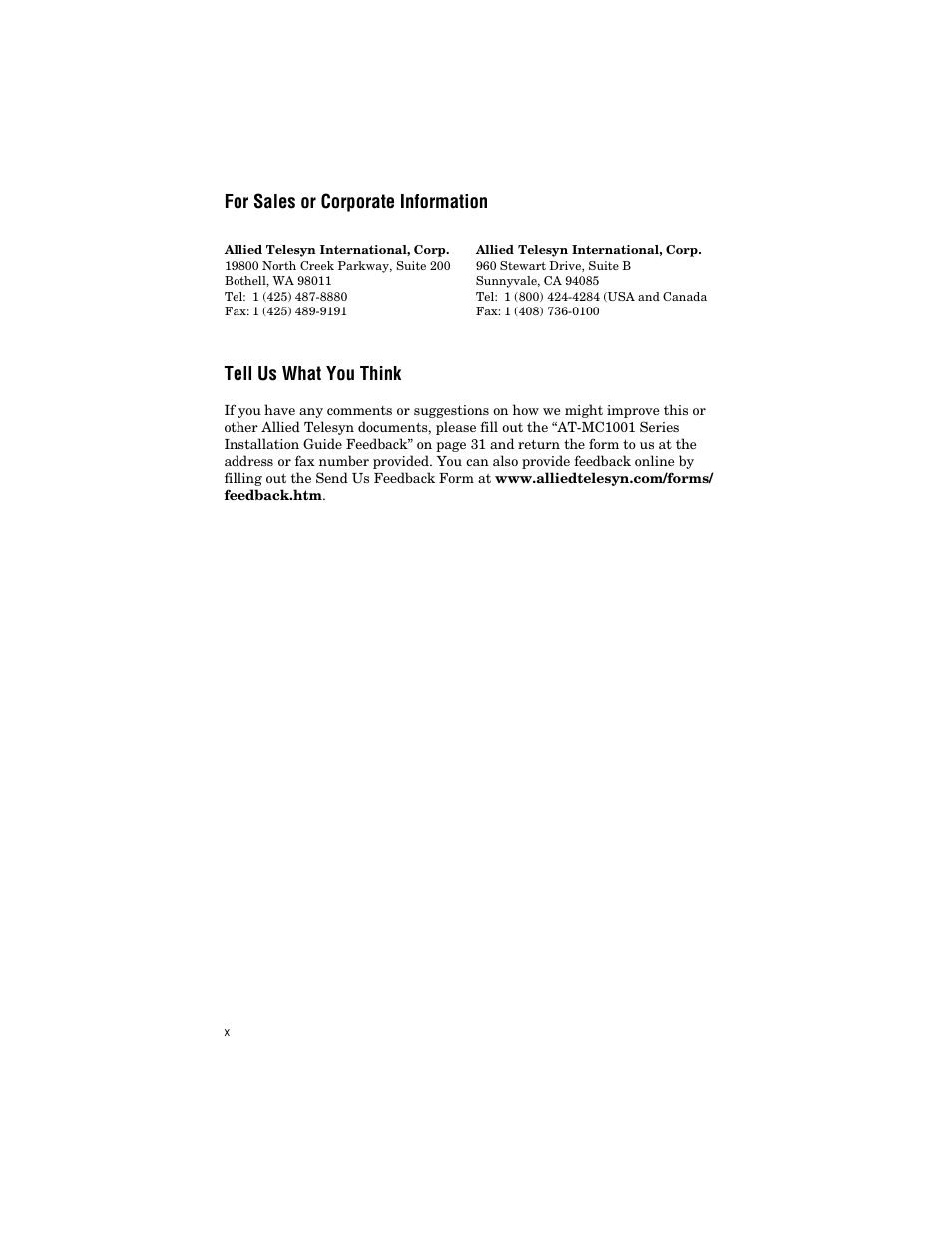 For sales or corporate information, Tell us what you think | Allied Telesis AT-MC1001SC/GS4 User Manual | Page 10 / 44