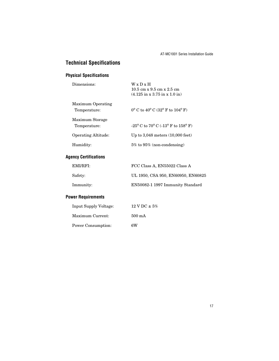 Technical specifications, Physical specifications, Agency certifications | Power requirements | Allied Telesis AT-MC1001SC/GS4 User Manual | Page 27 / 44