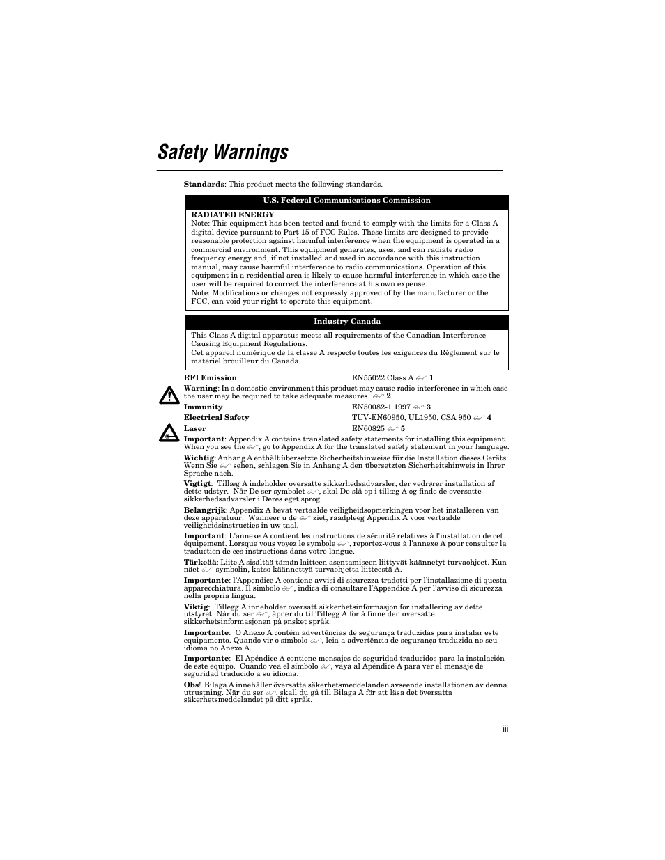 Safety warnings | Allied Telesis AT-MC1001SC/GS4 User Manual | Page 3 / 44