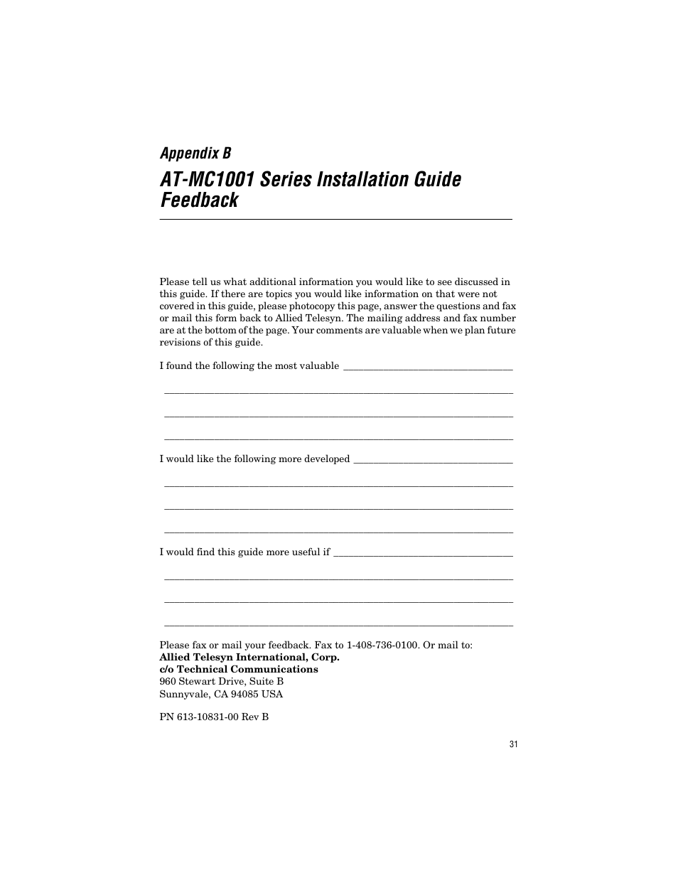 At-mc1001 series installation guide feedback, Appendix b | Allied Telesis AT-MC1001SC/GS4 User Manual | Page 41 / 44