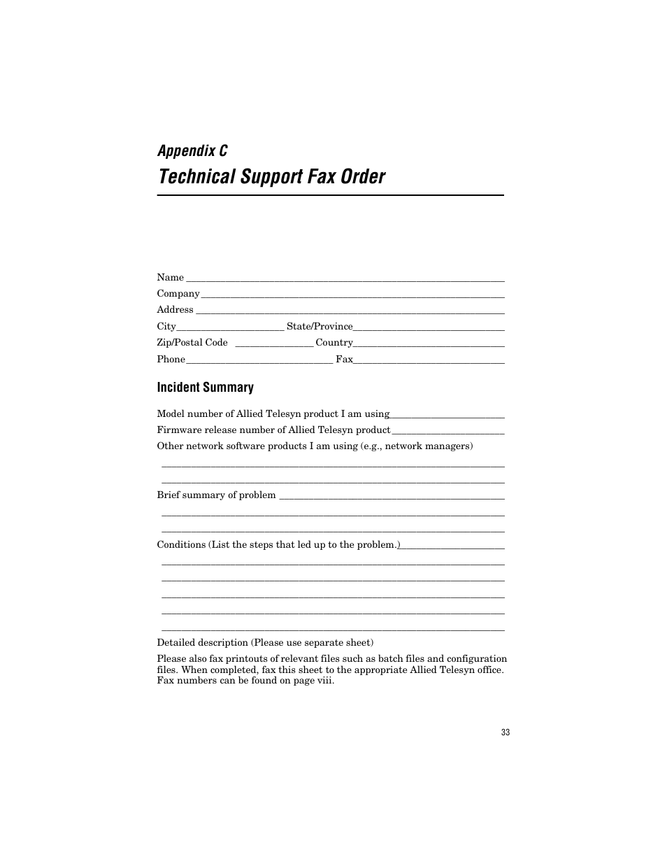 Technical support fax order, Incident summary, Appendix c | Allied Telesis AT-MC1001SC/GS4 User Manual | Page 43 / 44