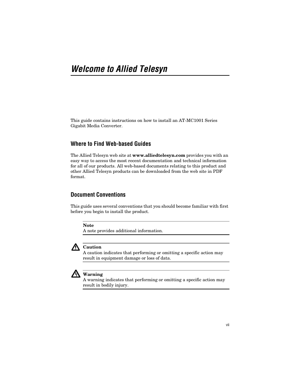 Welcome to allied telesyn, Where to find web-based guides, Document conventions | Allied Telesis AT-MC1001SC/GS4 User Manual | Page 7 / 44