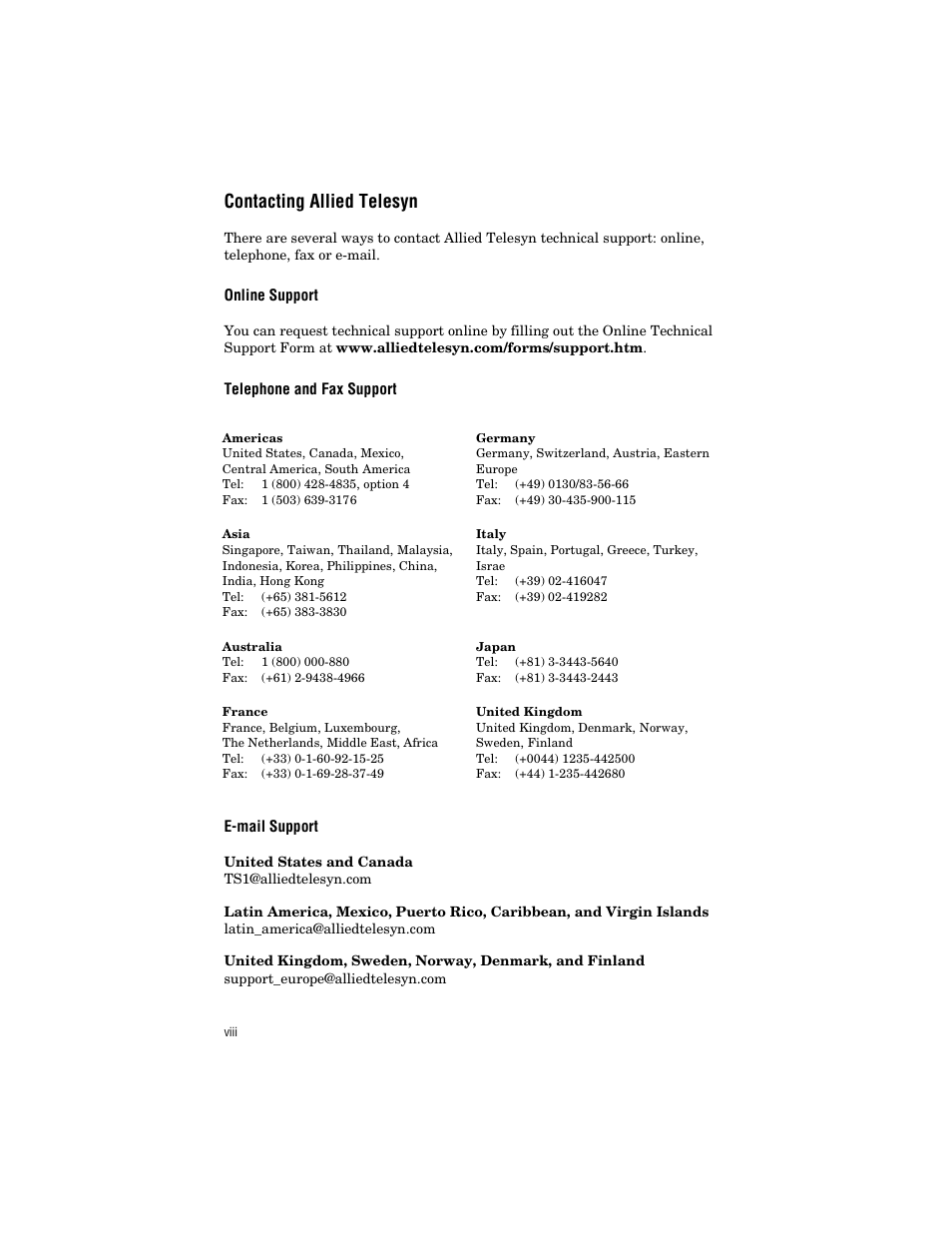 Contacting allied telesyn, Online support, Telephone and fax support | E-mail support | Allied Telesis AT-MC1001SC/GS4 User Manual | Page 8 / 44