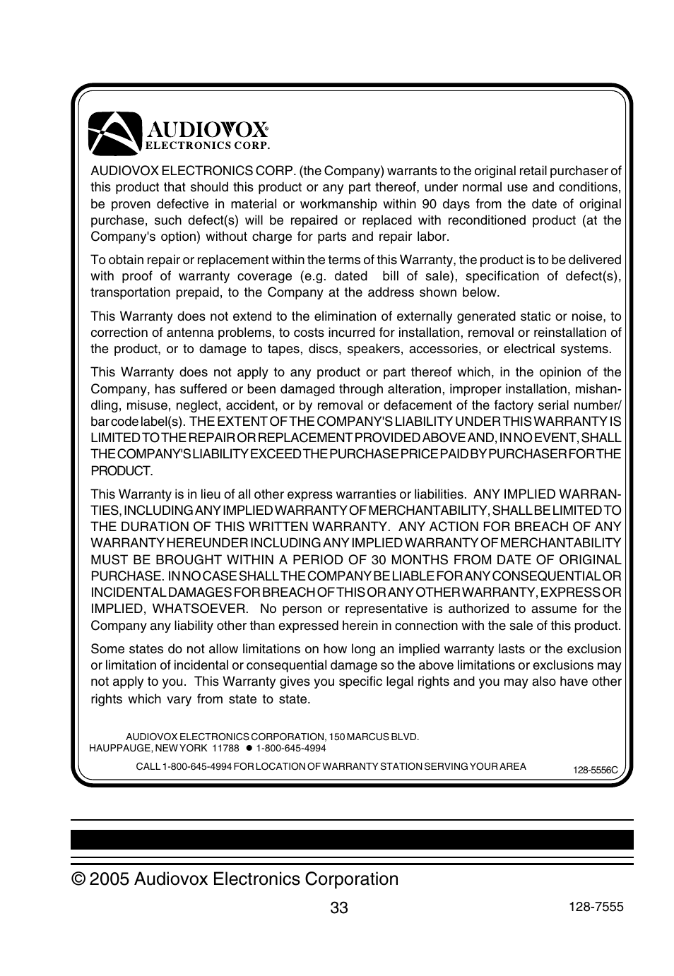 90 day limited warranty, Applies to audiovox video products, 2005 audiovox electronics corporation | Audiovox D1915 User Manual | Page 33 / 33