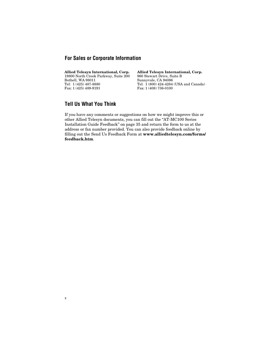 For sales or corporate information, Tell us what you think | Allied Telesis AT-MC103ST/FS3, FS4 User Manual | Page 10 / 48
