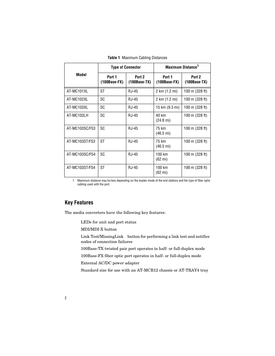 Key features | Allied Telesis AT-MC103ST/FS3, FS4 User Manual | Page 12 / 48