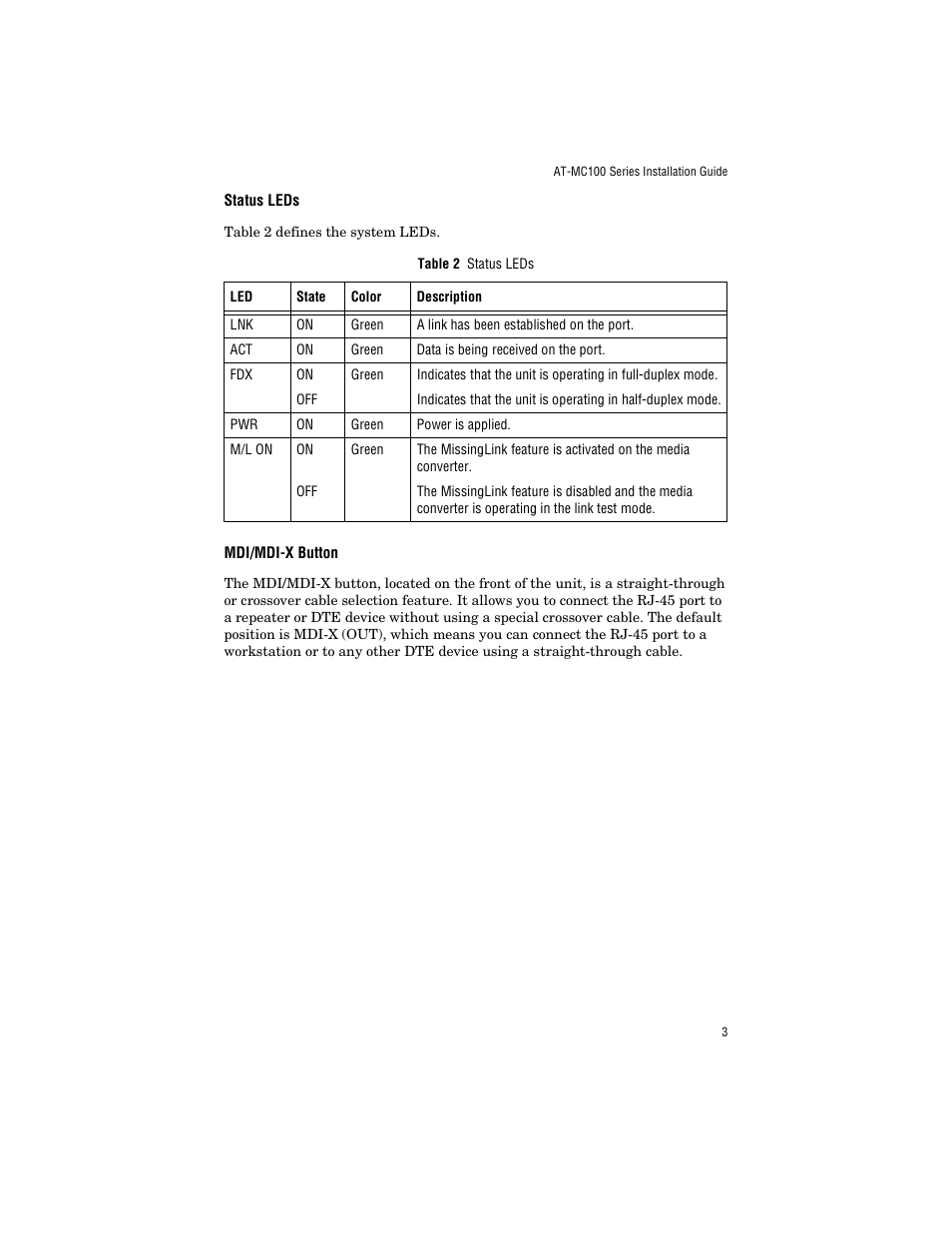 Status leds, Mdi/mdi-x button, Mdi/mdi-x switch | Allied Telesis AT-MC103ST/FS3, FS4 User Manual | Page 13 / 48