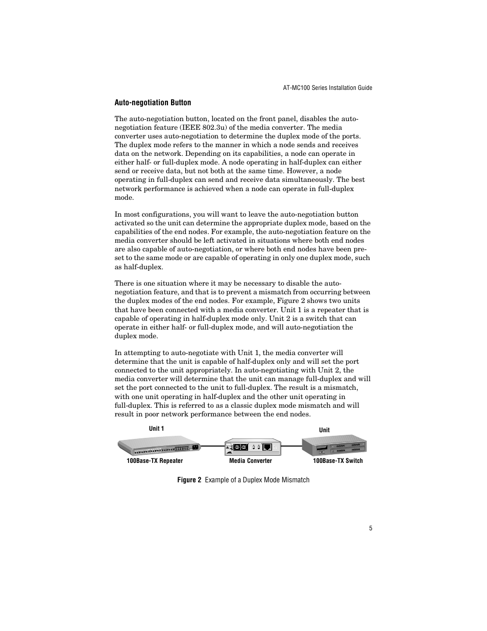 Auto-negotiation button, Auto-negotiation switch | Allied Telesis AT-MC103ST/FS3, FS4 User Manual | Page 15 / 48