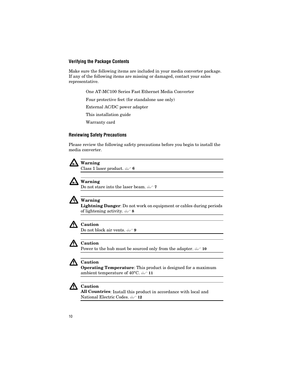 Verifying the package contents, Reviewing safety precautions | Allied Telesis AT-MC103ST/FS3, FS4 User Manual | Page 20 / 48