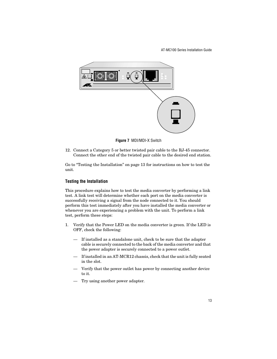 Testing the installation, Mdi-x mdi | Allied Telesis AT-MC103ST/FS3, FS4 User Manual | Page 23 / 48