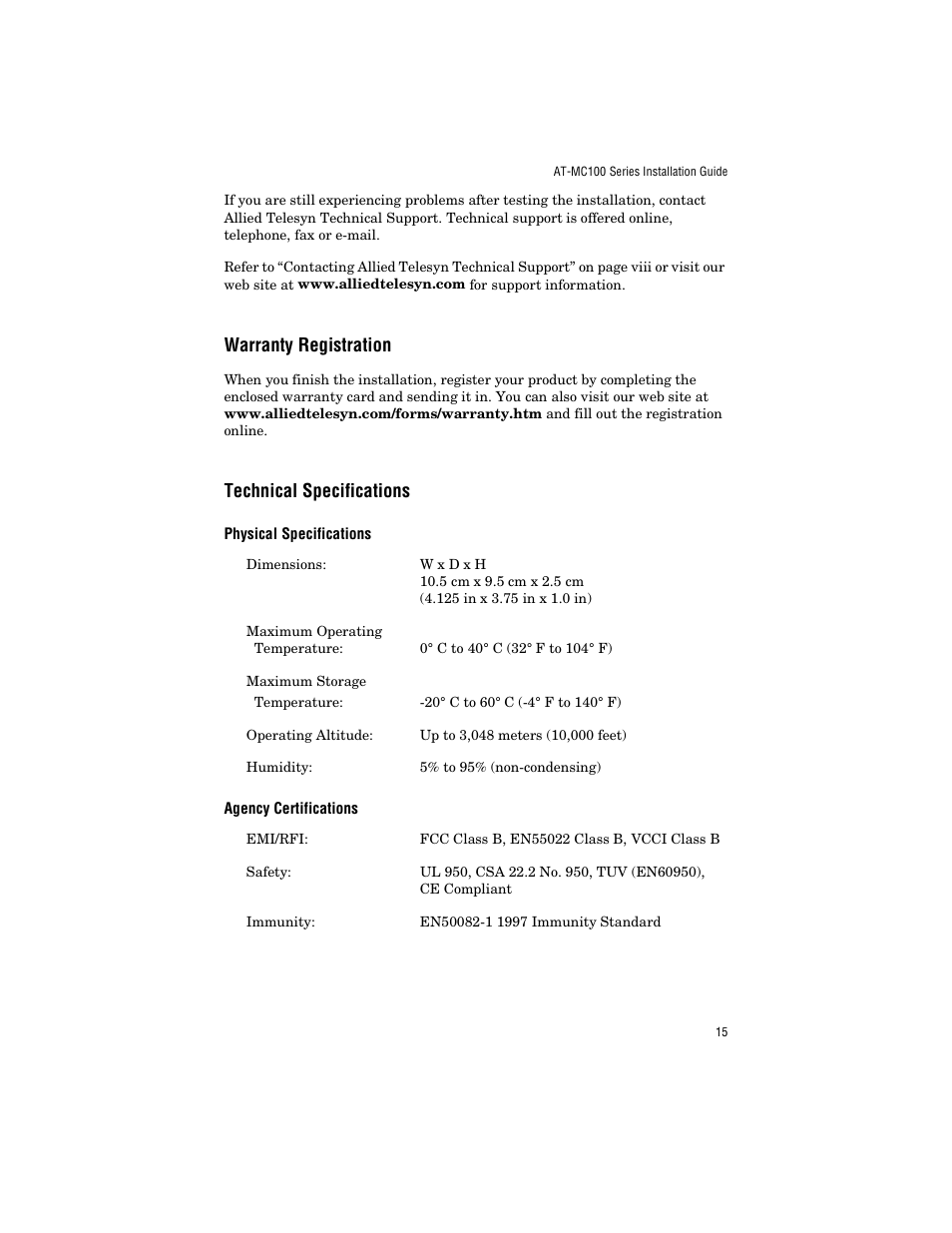 Warranty registration, Technical specifications, Physical specifications | Agency certifications | Allied Telesis AT-MC103ST/FS3, FS4 User Manual | Page 25 / 48