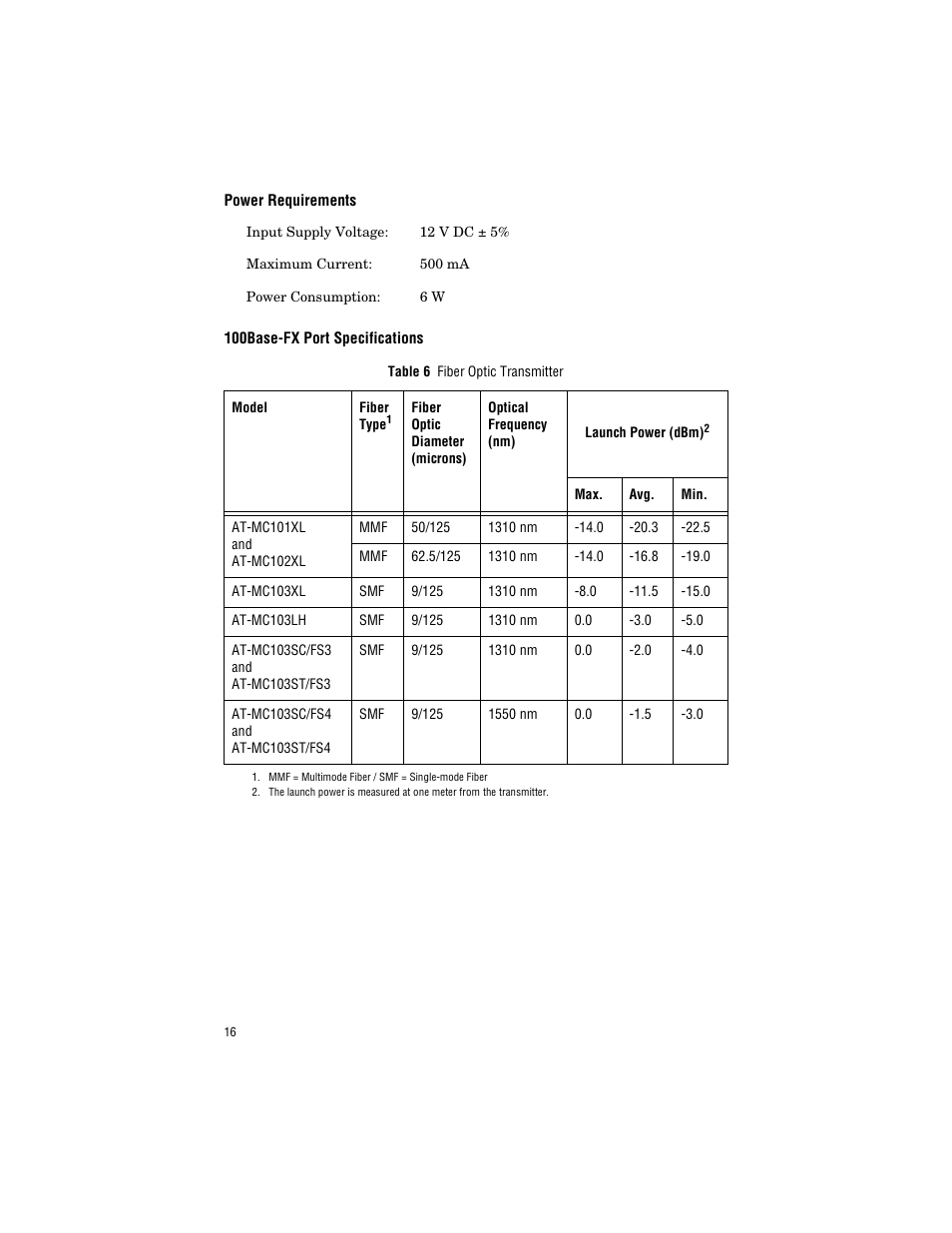 Power requirements, 100base-fx port specifications, Port 2 specifications | Allied Telesis AT-MC103ST/FS3, FS4 User Manual | Page 26 / 48