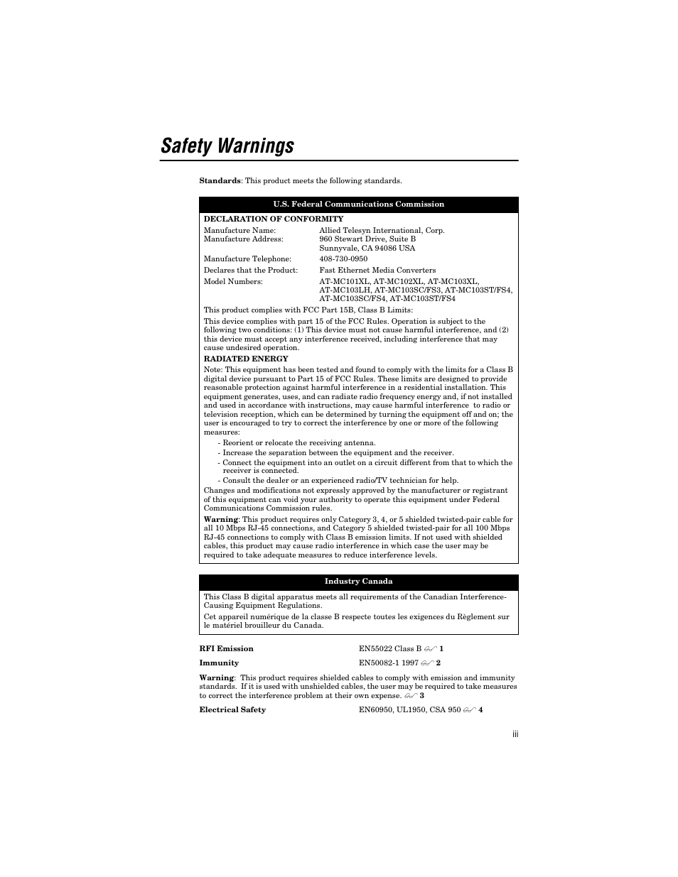 Safety warnings | Allied Telesis AT-MC103ST/FS3, FS4 User Manual | Page 3 / 48