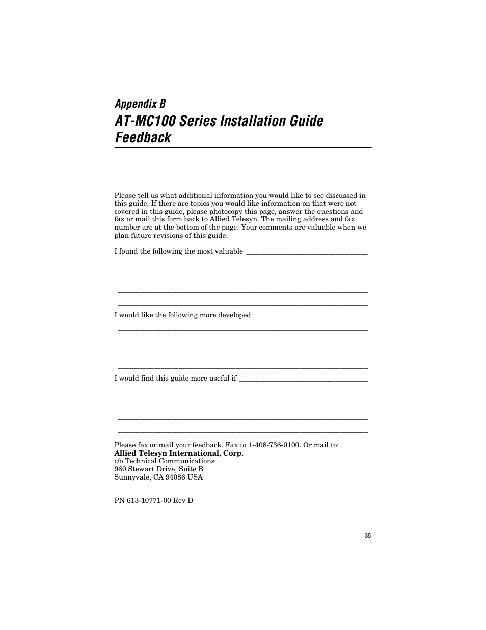 Appendix b, At-mc100 series installation guide feedback | Allied Telesis AT-MC103ST/FS3, FS4 User Manual | Page 45 / 48