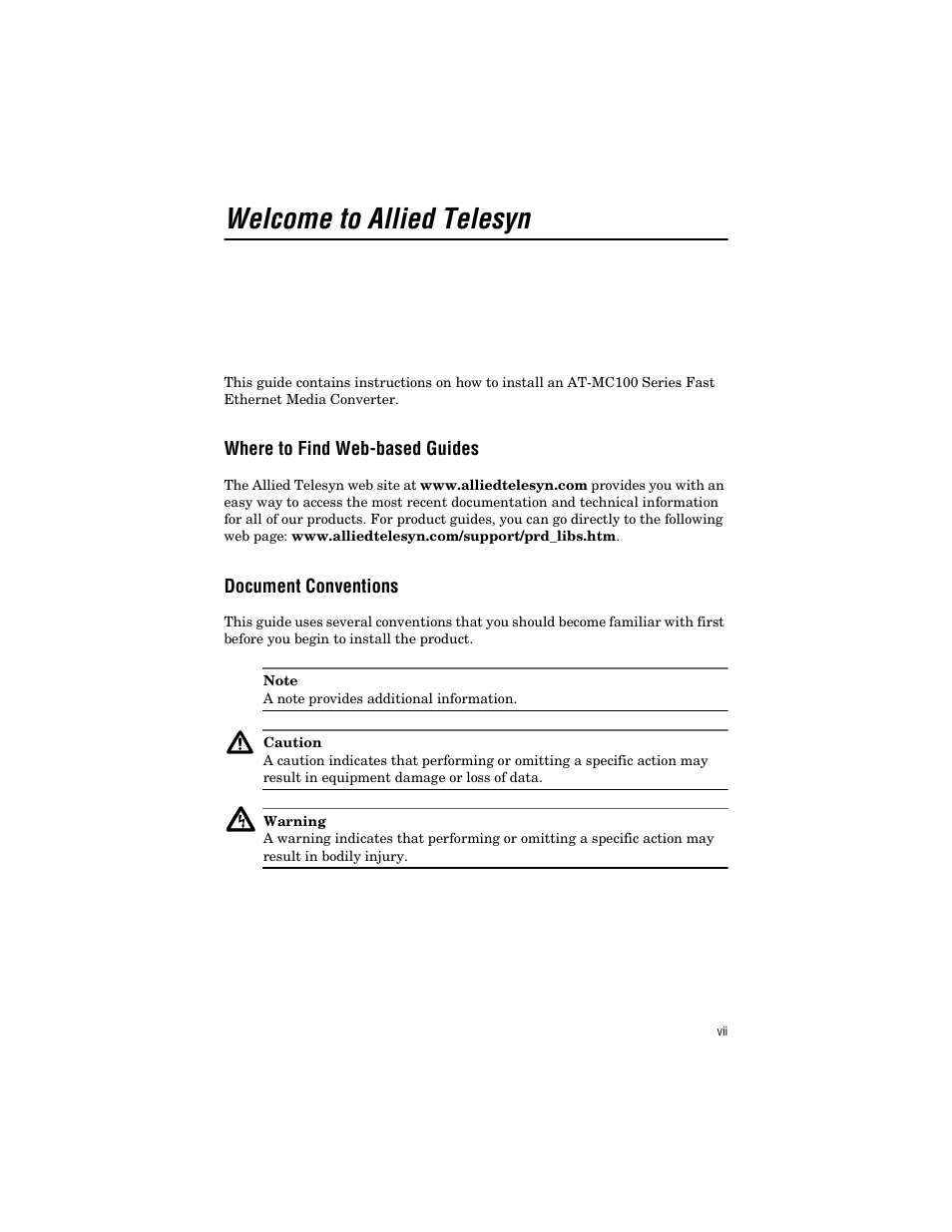 Welcome to allied telesyn, Where to find web-based guides, Document conventions | Where to find web-based guide | Allied Telesis AT-MC103ST/FS3, FS4 User Manual | Page 7 / 48