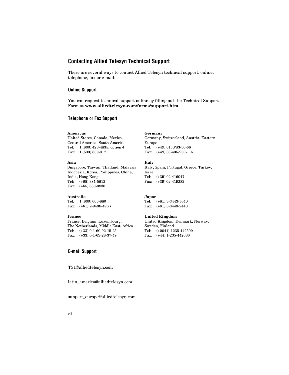 Contacting allied telesyn technical support, Online support, Telephone or fax support | E-mail support | Allied Telesis AT-MC103ST/FS3, FS4 User Manual | Page 8 / 48