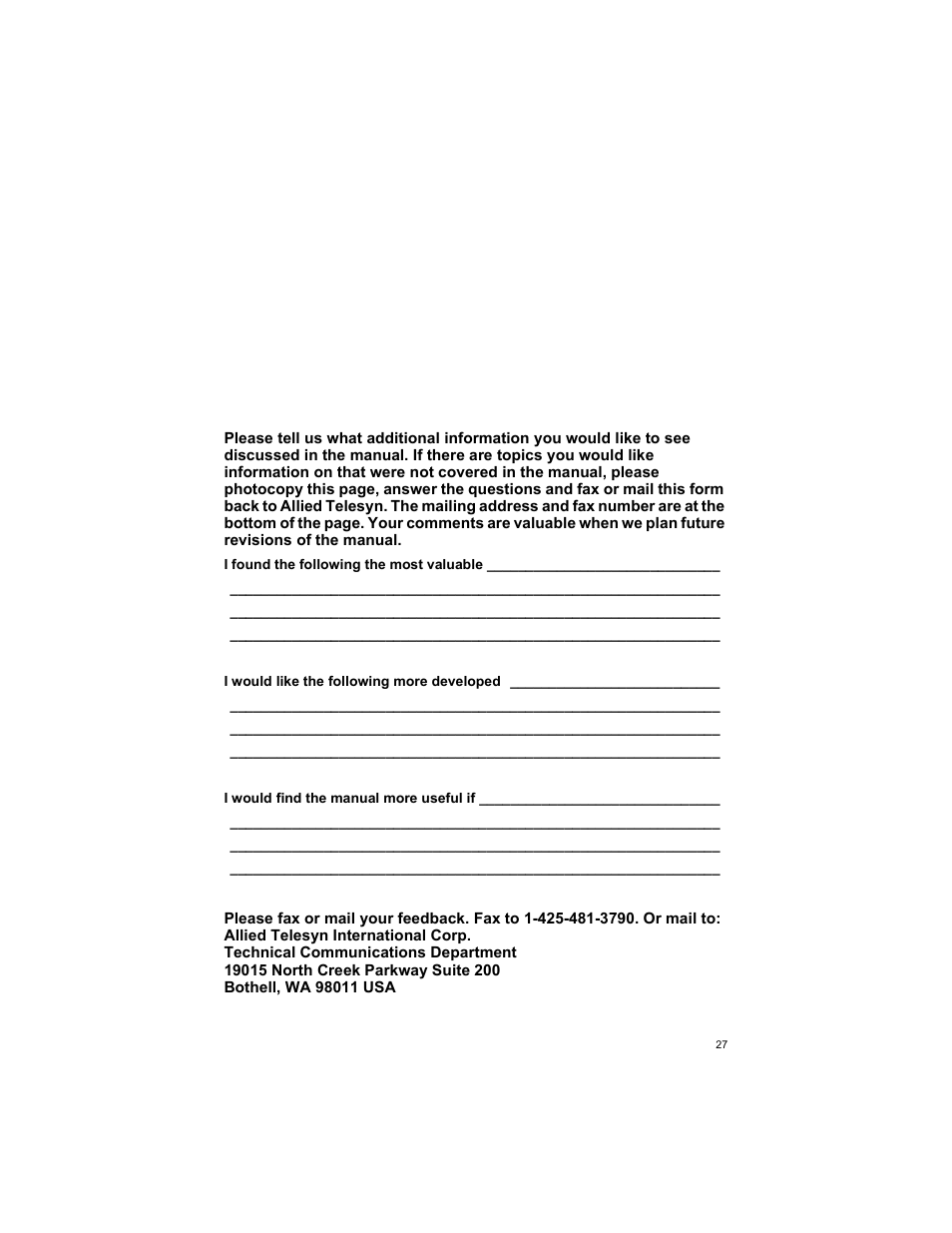 Appendixb, Chassis installation manual feedback, Appendix b | Allied Telesis AT-MC16 User Manual | Page 27 / 30