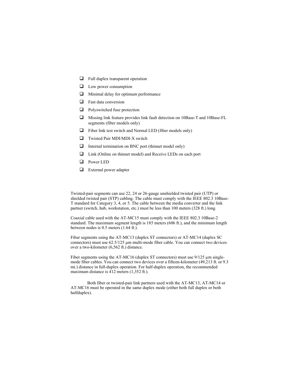 Major features, Cabling, Duplex | Allied Telesis AT-MC16 User Manual | Page 5 / 30