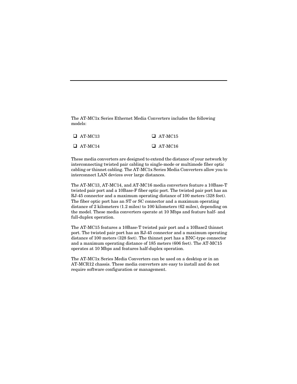 Chapter 1, Overview | Allied Telesis AT-MC16 User Manual | Page 11 / 50