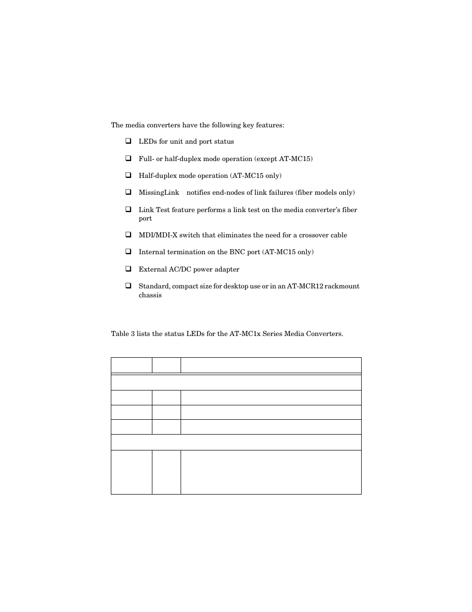 Key features, Status leds, Key features status leds | Allied Telesis AT-MC16 User Manual | Page 13 / 50