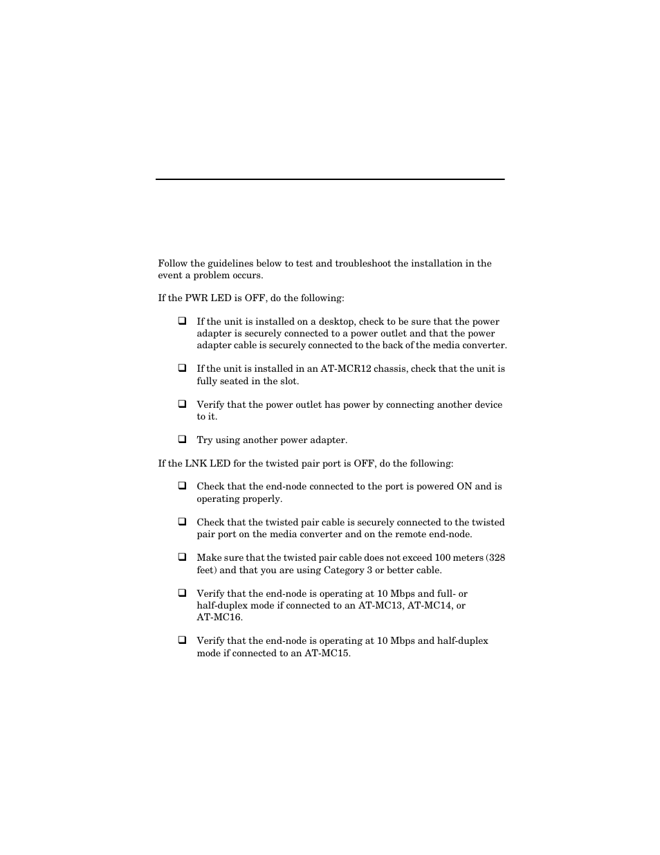 Chapter 3, Troubleshooting | Allied Telesis AT-MC16 User Manual | Page 29 / 50