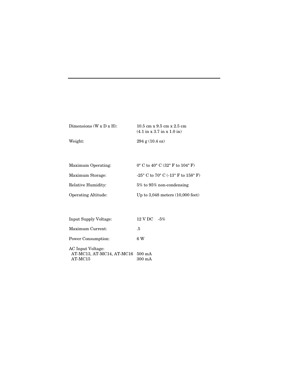 Appendix a, Technical specifications, Physical | Temperature, Electrical rating, Physical temperature electrical rating | Allied Telesis AT-MC16 User Manual | Page 33 / 50