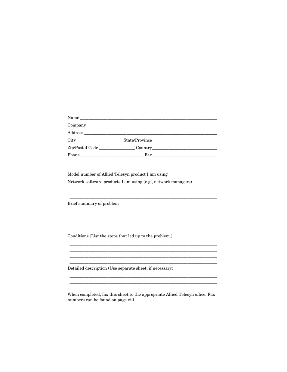 Appendix c, Technical support fax order form, Incident summary | Allied Telesis AT-MC16 User Manual | Page 49 / 50