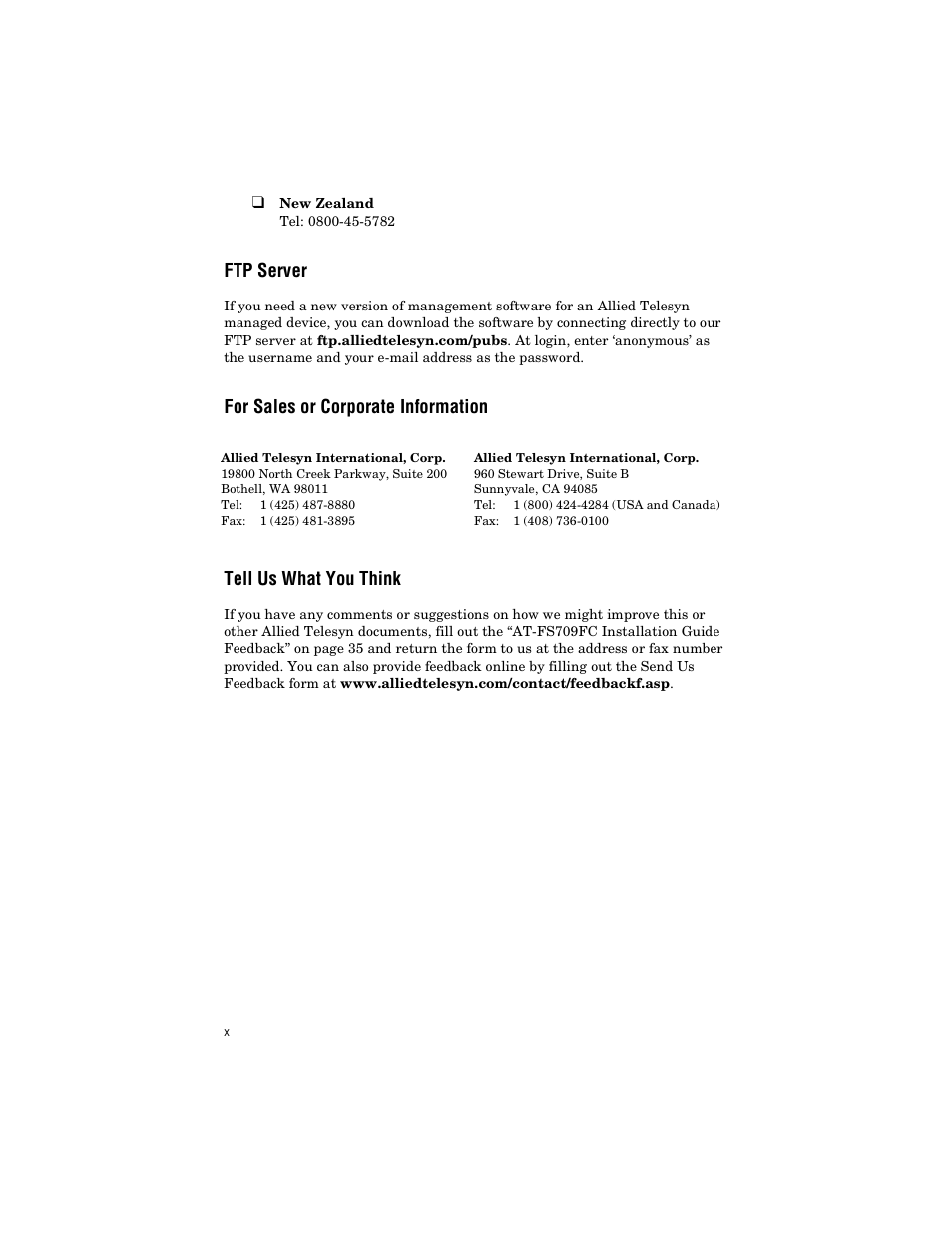 Ftp server, For sales or corporate information, Tell us what you think | Allied Telesis AT-FS709FC User Manual | Page 10 / 46