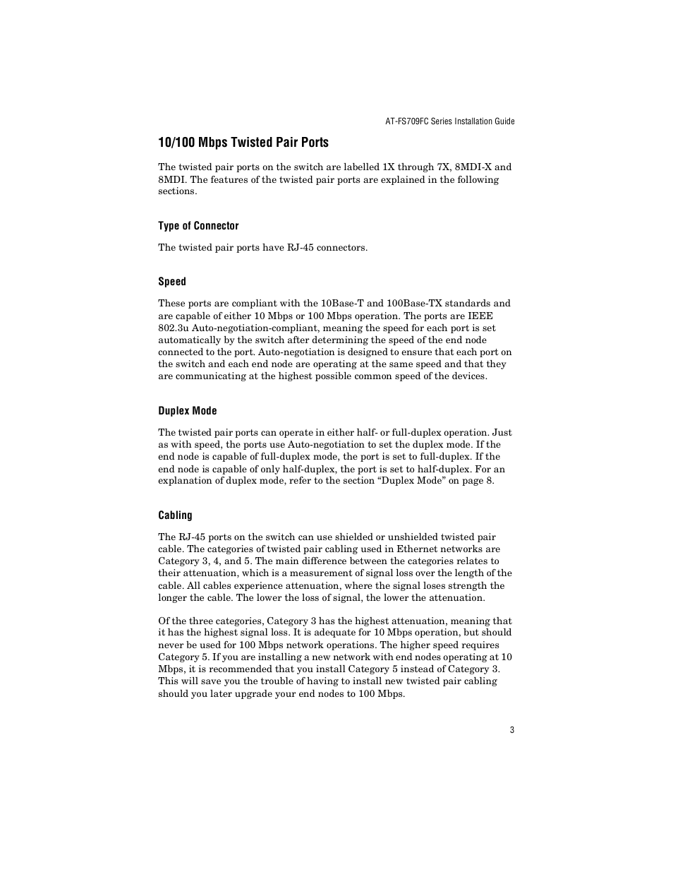 10/100 mbps twisted pair ports, Type of connector, Speed | Duplex mode, Cabling, Type of connector speed duplex mode cabling | Allied Telesis AT-FS709FC User Manual | Page 13 / 46