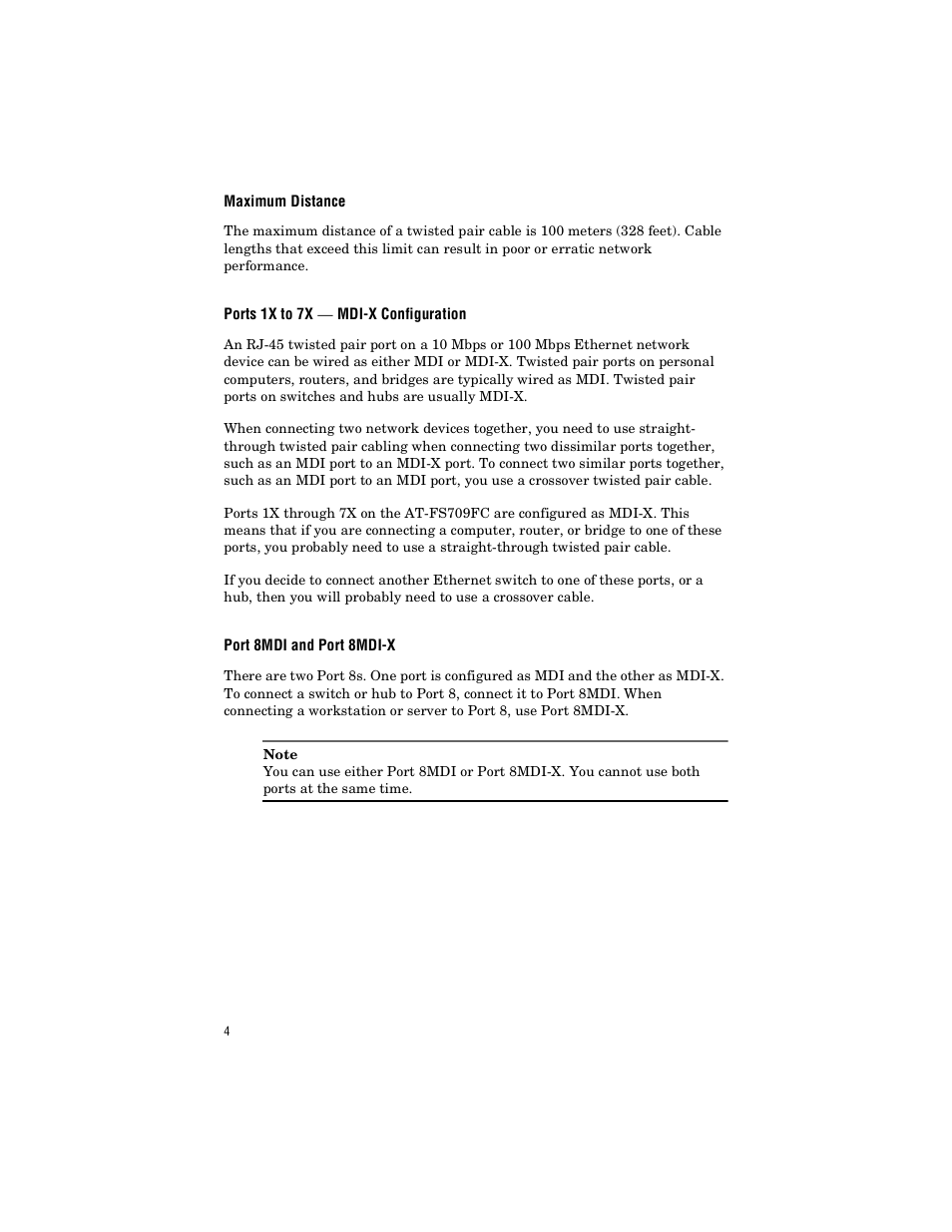 Maximum distance, Ports 1x to 7x — mdi-x configuration, Port 8mdi and port 8mdi-x | Allied Telesis AT-FS709FC User Manual | Page 14 / 46