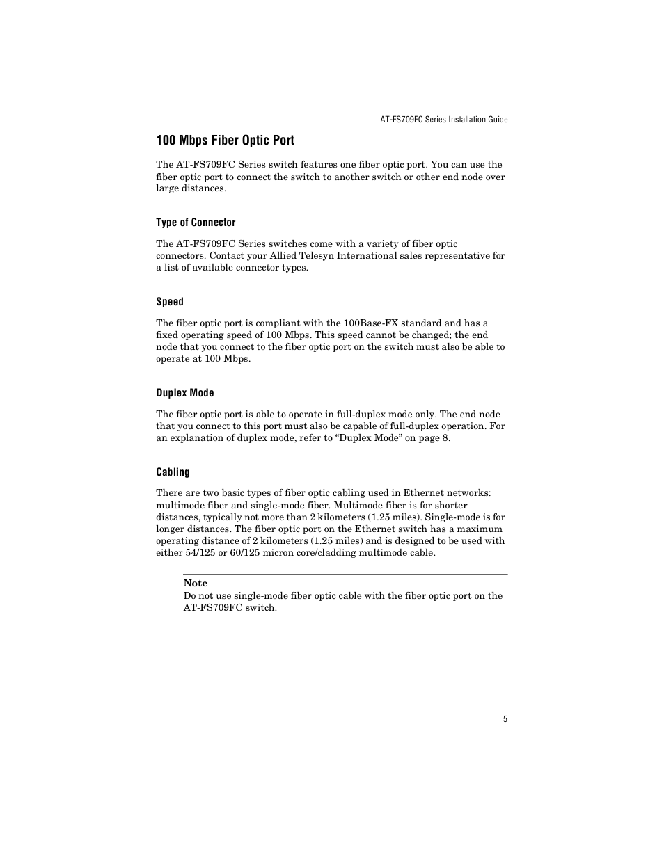 100 mbps fiber optic port, Type of connector, Speed | Duplex mode, Cabling, Type of connector speed duplex mode cabling | Allied Telesis AT-FS709FC User Manual | Page 15 / 46