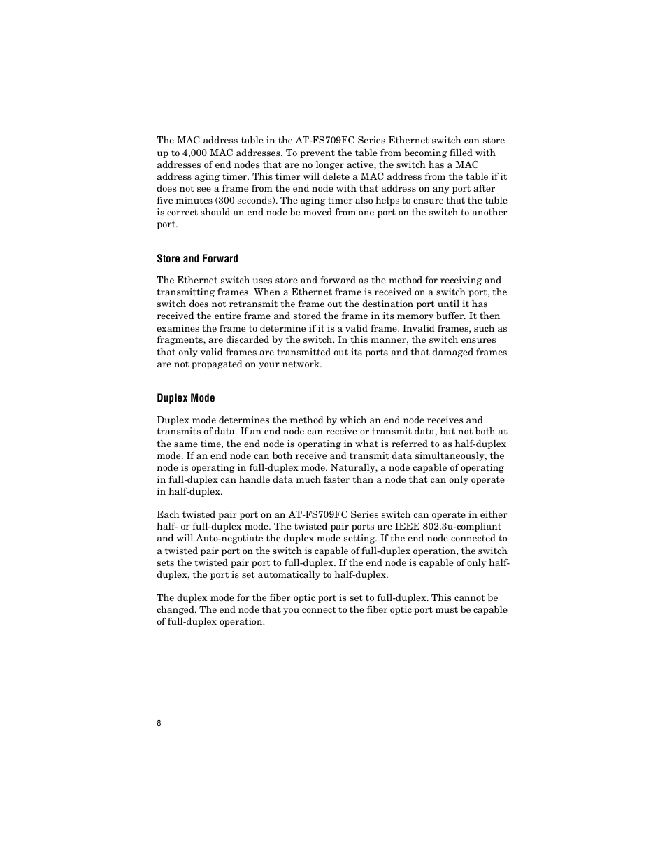 Store and forward, Duplex mode, Store and forward duplex mode | Allied Telesis AT-FS709FC User Manual | Page 18 / 46