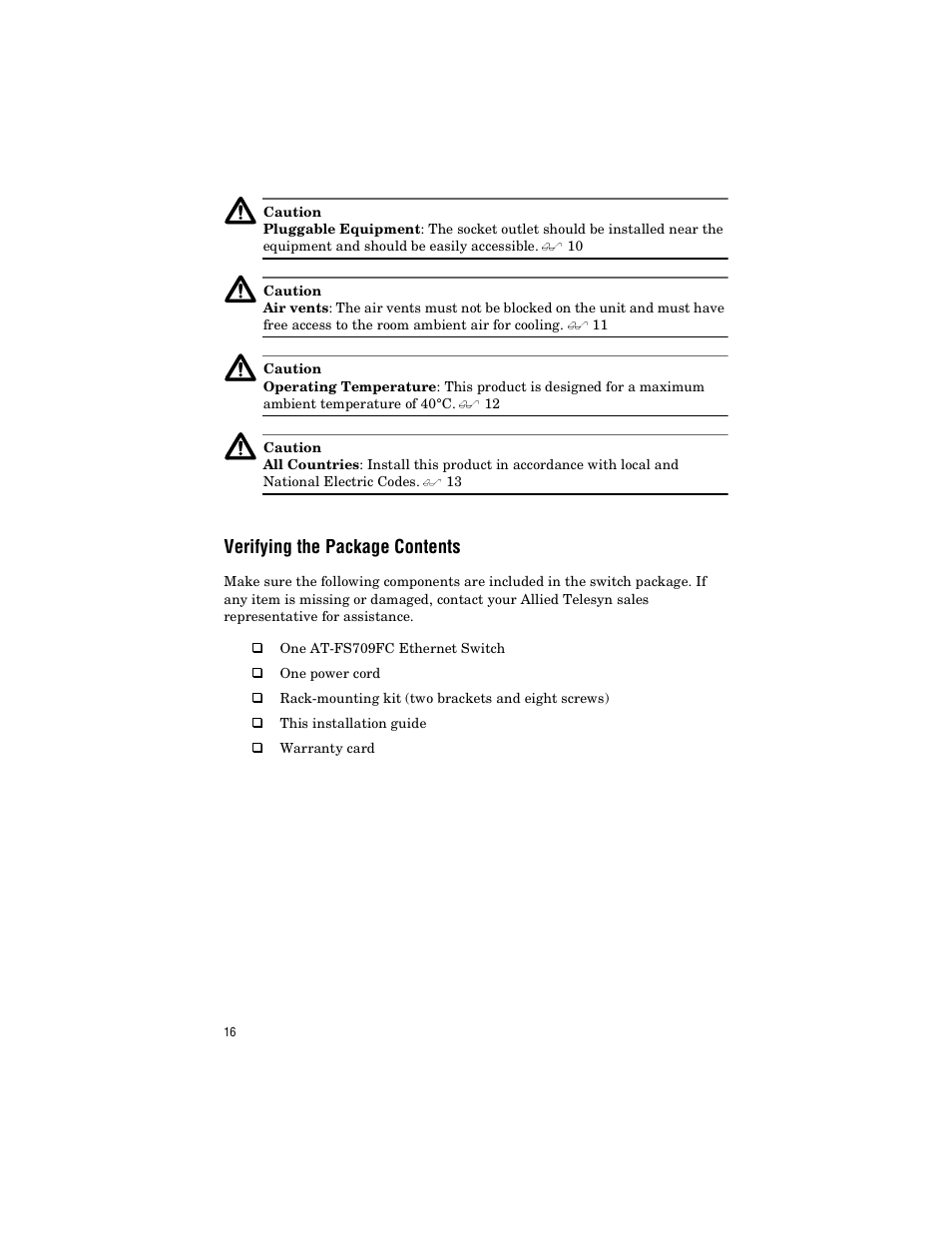 Verifying the package contents | Allied Telesis AT-FS709FC User Manual | Page 26 / 46