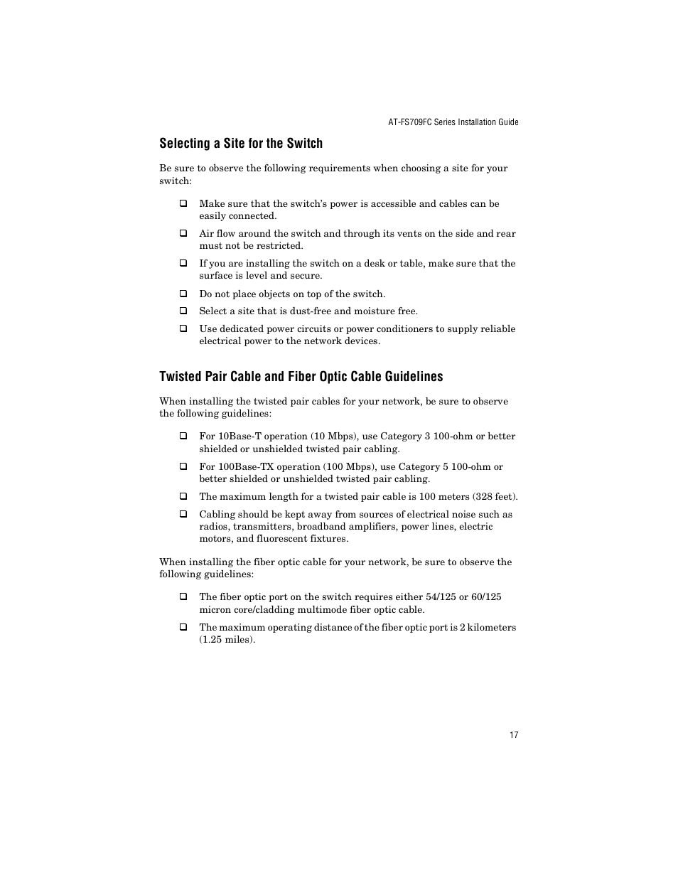 Selecting a site for the switch | Allied Telesis AT-FS709FC User Manual | Page 27 / 46